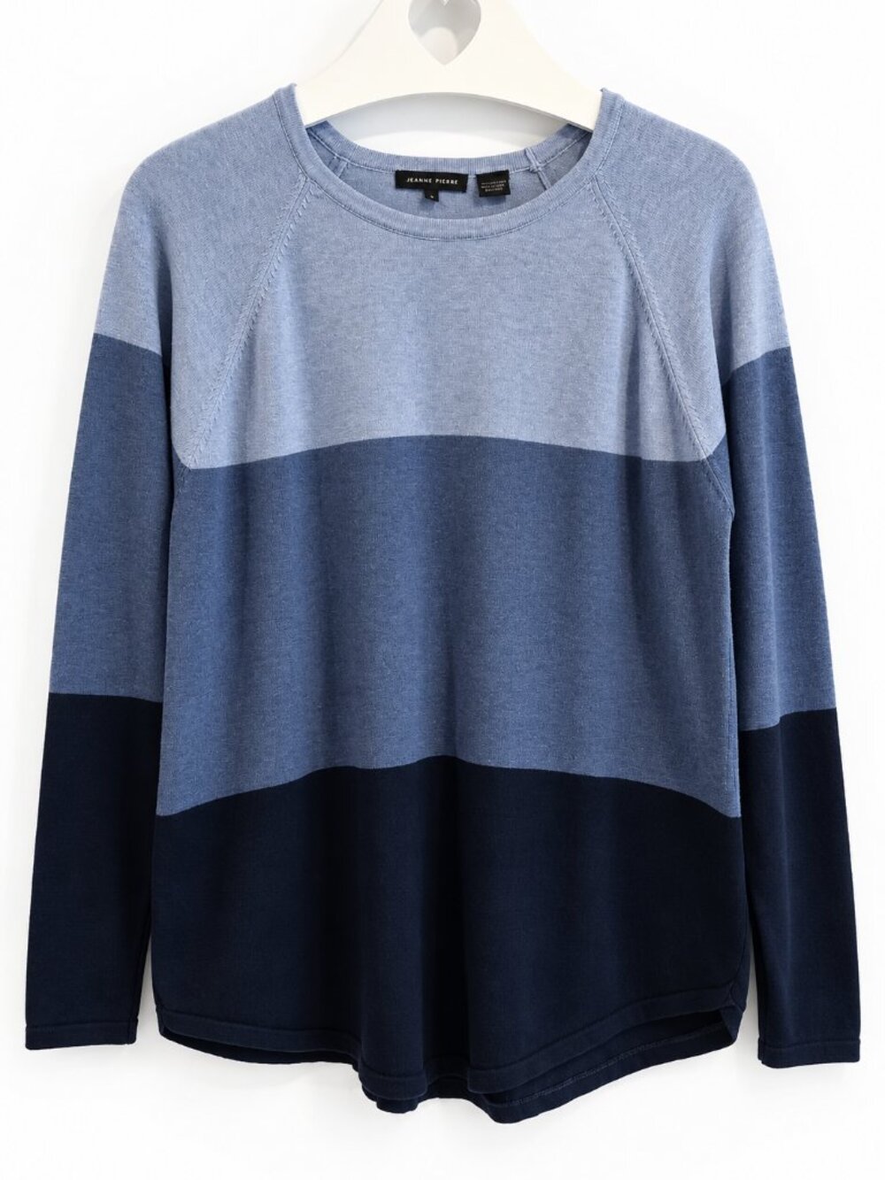 Jeanne Pierre Three-Tone Blue 100% Cotton Crewneck Sweater Size L PTP20